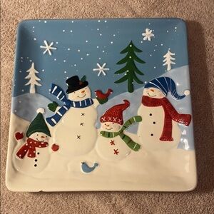 St. Nicholas Square Snowman‎ Ceramic Platter 11" Winter Chill Out Holiday Decor